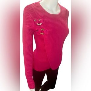 ALISON SHERI fuchsia pink crossover sweater with silver buckles | Size Large